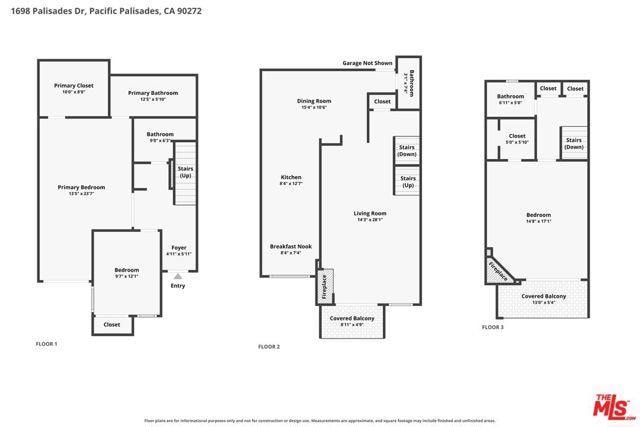 Floor plan — 1698 Palisades Dr, Pacific Palisades, CA 90272 — three floors with room dimensions